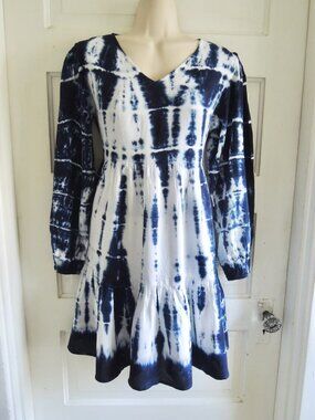 Sweet Magnolia Blue & White Tie Dye Puff Sleeve Dress Beach Cover S